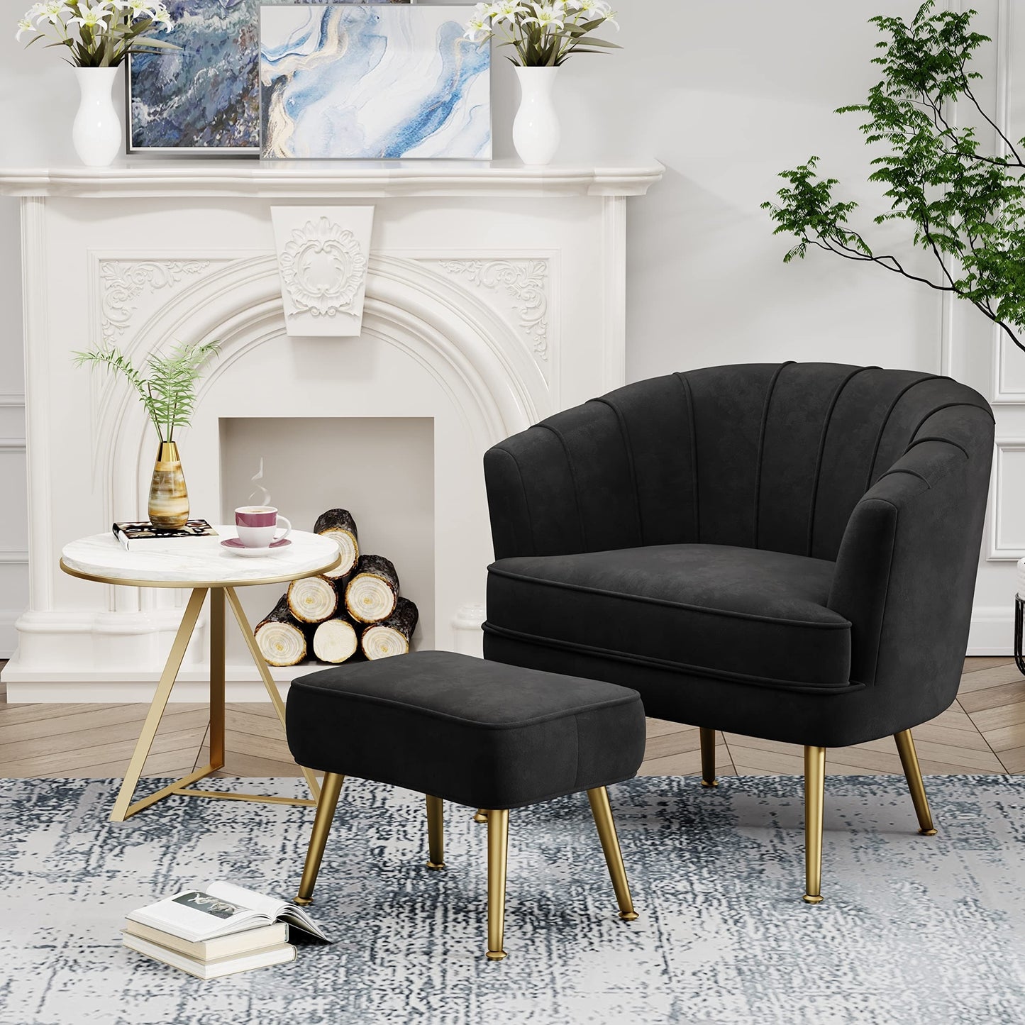 Andeworld Accent Chair with Ottoman, Upholstered Modern Single Sofa Side Chair,Comfy Barrel Club Living Room Armchair