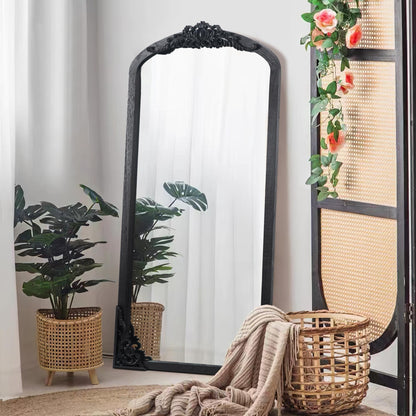 Arched Full-Length Solid Wood Carving Floor Mirror