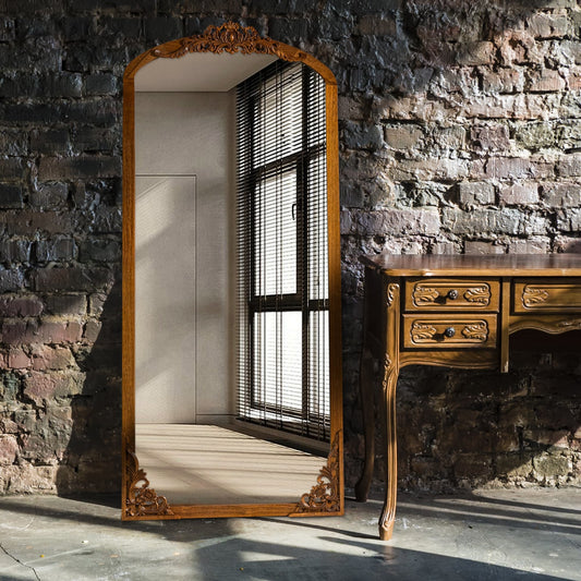 Arched Full-Length Solid Wood Carving Floor Mirror