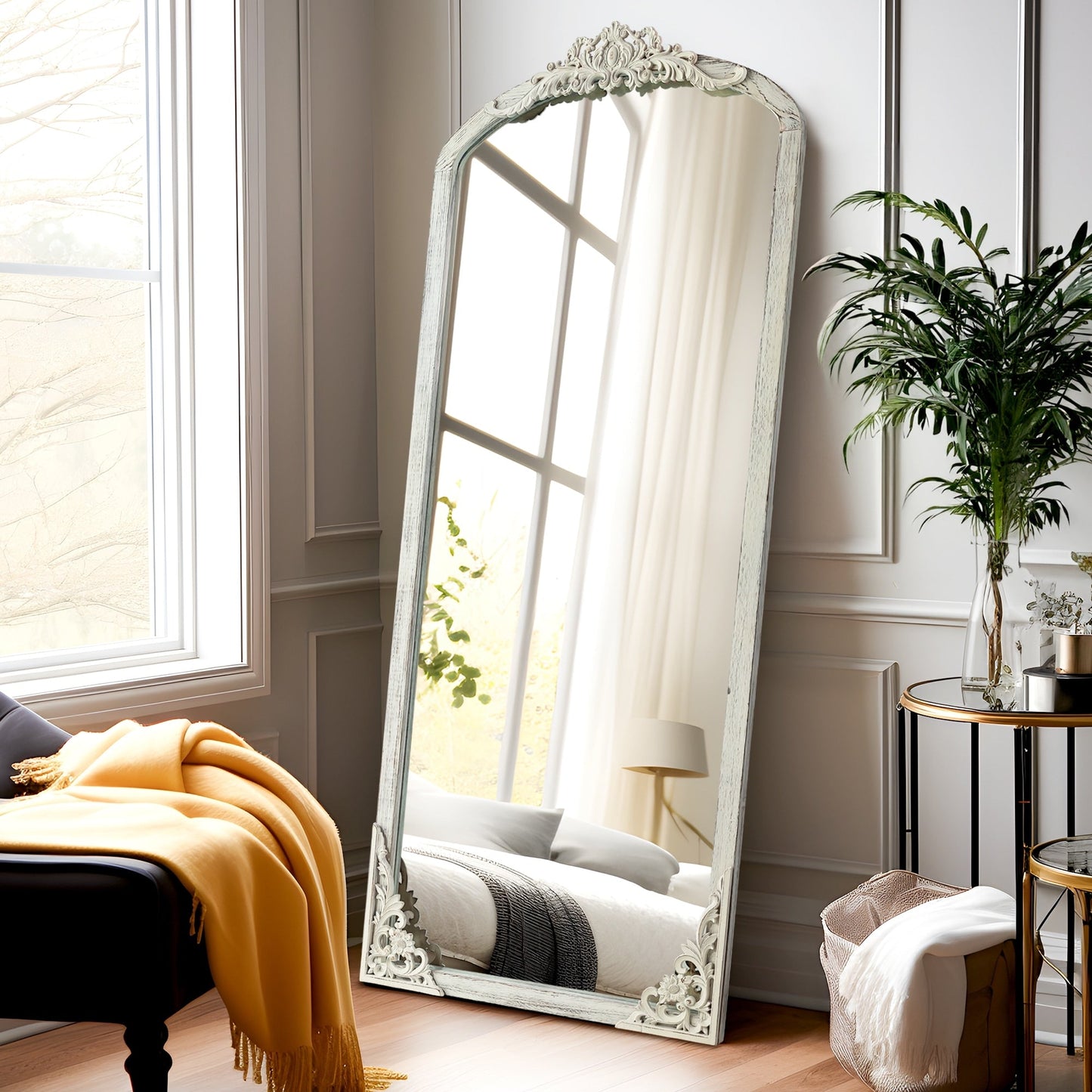 Arched Full-Length Solid Wood Carving Floor Mirror