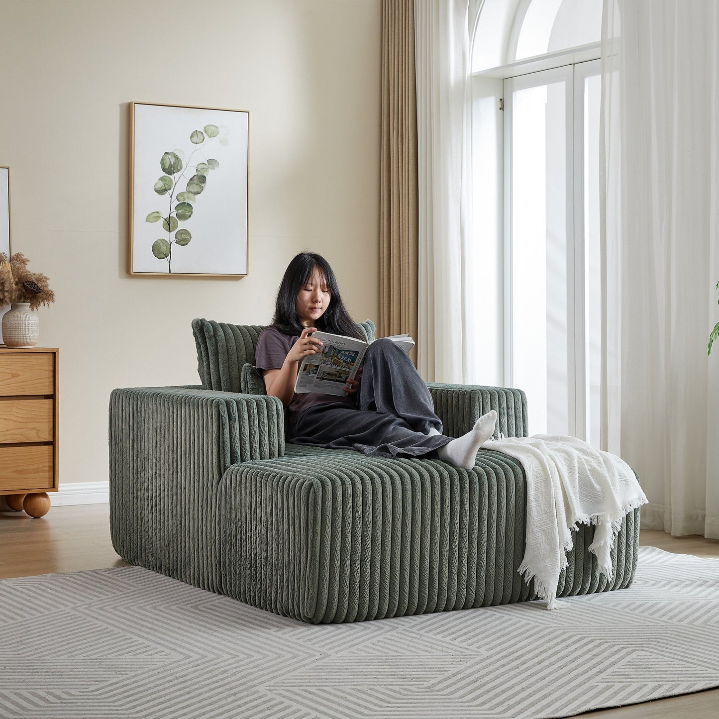 Army Green Modern 62.5 Corduroy Sponge Sofa Lounge Chair with 2 Pillows for Living Room
