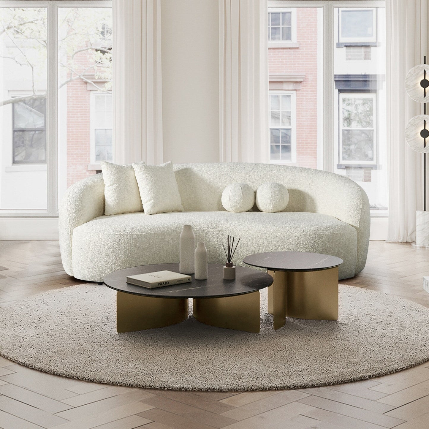 Baker Mid-Century French Boucle Fabric Upholstered Sofa in Cream