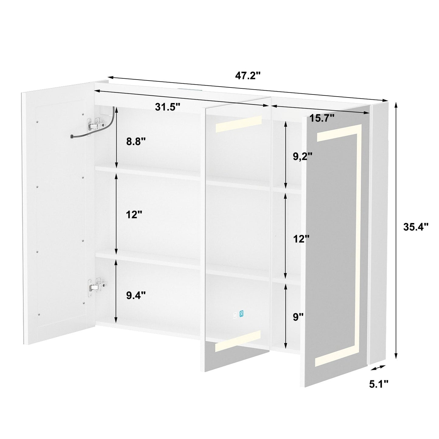 Bathroom Medicine Cabinet LED Mirror Anti-Fog 6000K Wall Cabinet White