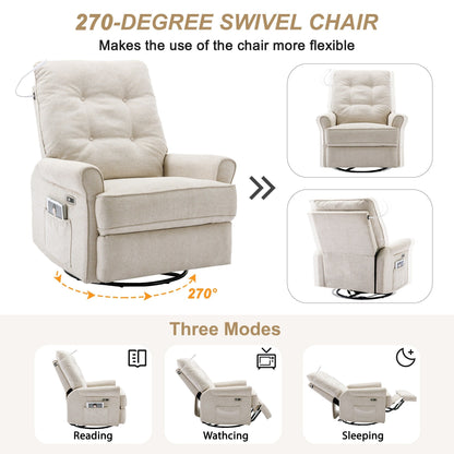 Beige 270° Swivel Recliner Chair with USB Ports, Touch Lamp, Side Pocket Storage, and Rockable Base