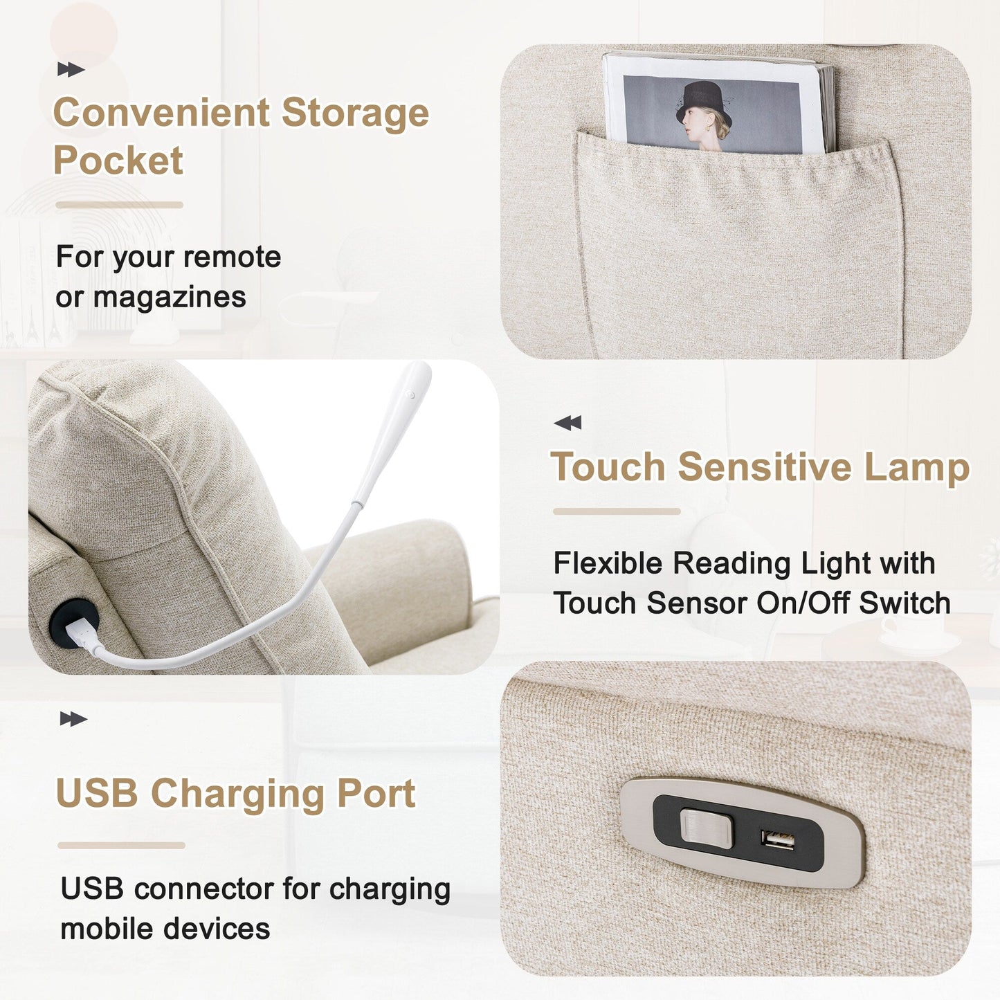 Beige 270Â° Swivel Recliner with USB Charging Ports, Touch Lamp, Rocking Base, and Side Storage Pocket