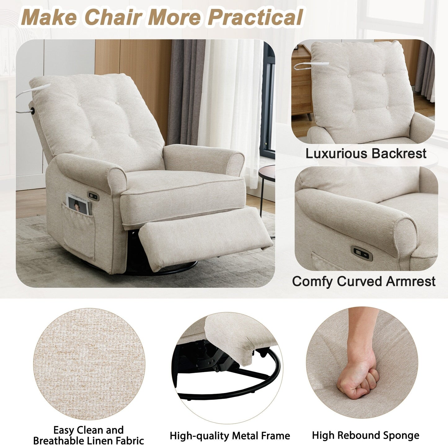Beige 270Â° Swivel Recliner with USB Charging Ports, Touch Lamp, Rocking Base, and Side Storage Pocket