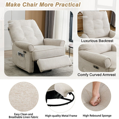 Beige 270Â° Swivel Recliner with USB Charging Ports, Touch Lamp, Rocking Base, and Side Storage Pocket