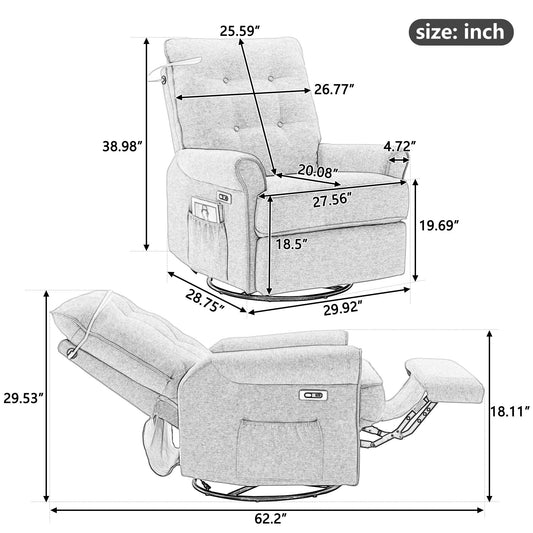 Beige 270Â° Swivel Recliner with USB Charging Ports, Touch Lamp, Rocking Base, and Side Storage Pocket