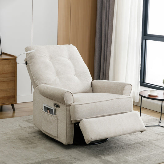 Beige 270° Swivel Recliner with USB Ports, Rockable Base, Side Pocket, and Touch Lamp for Living Room/Bedroom