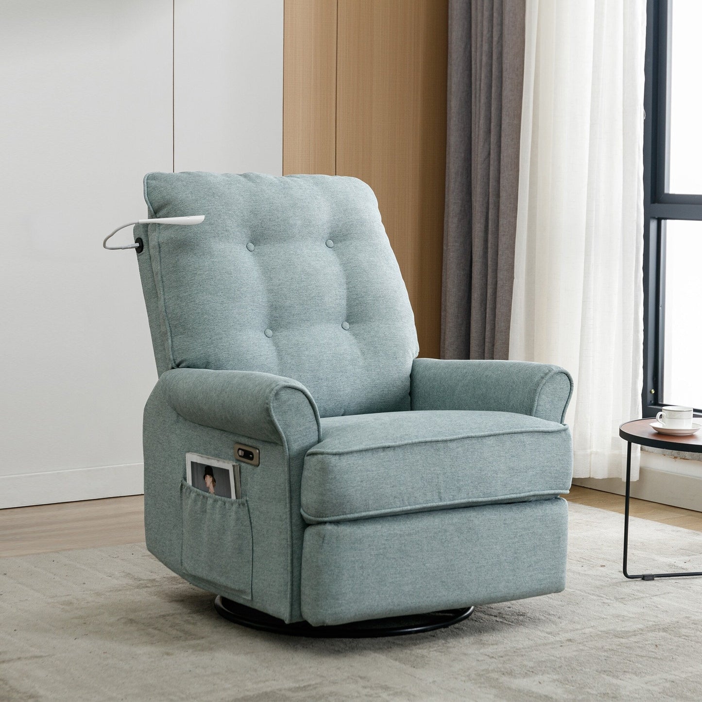 Beige 270Â° Swivel Recliner with USB Ports, Rockable Base, Side Pocket, and Touch Lamp for Living Room or Bedroom