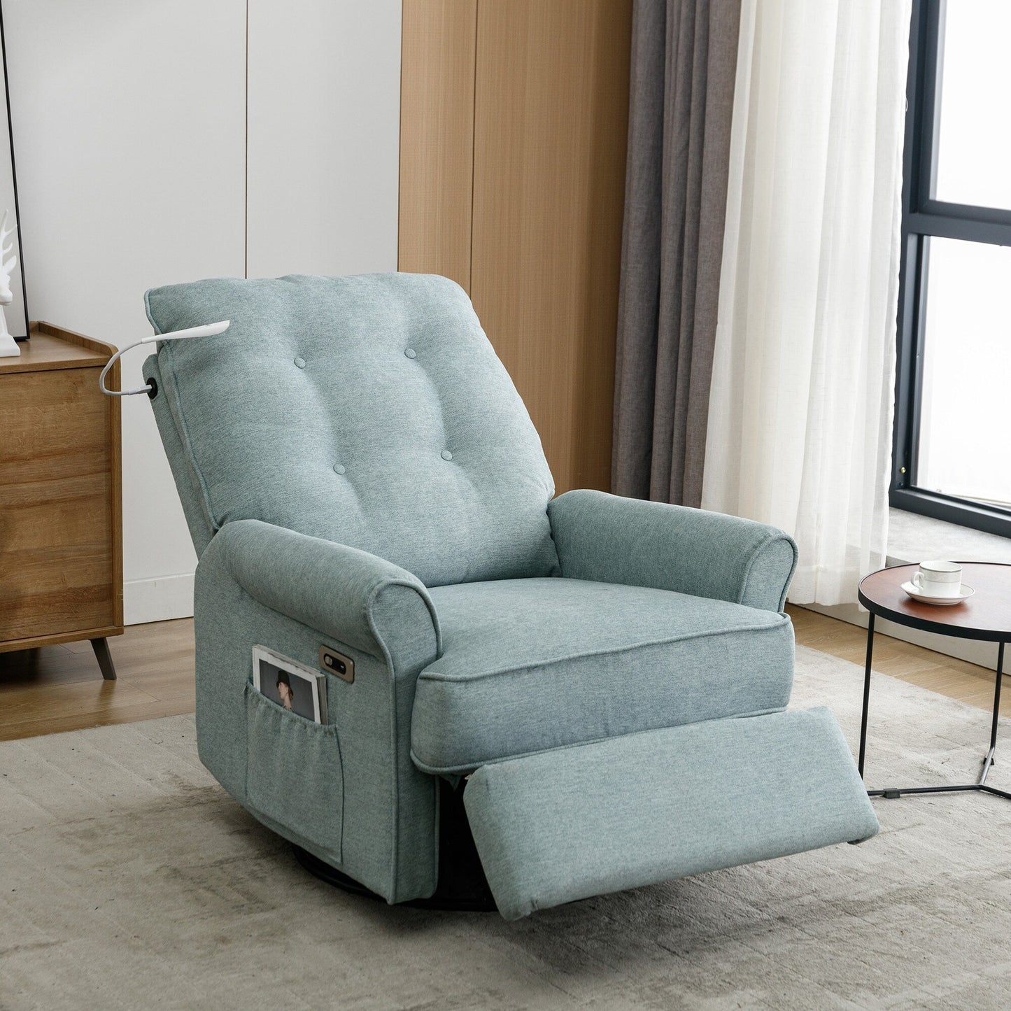 Beige 270Â° Swivel Recliner with USB Ports, Rocking Base, Side Pocket, and Touch Lamp for Home Use