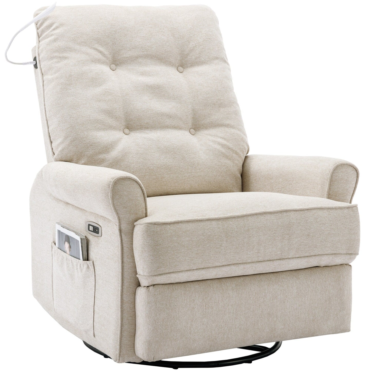 Beige 270° Swivel Recliner with USB Ports, Touch Lamp, Side Pocket Storage, and Rocking Base