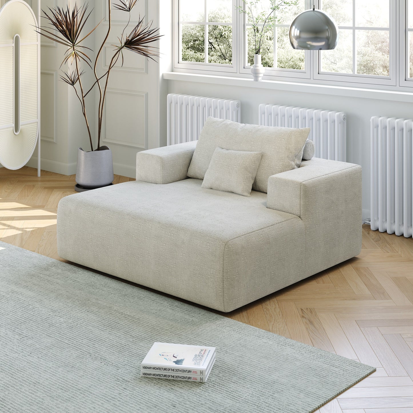 Beige Chenille Single Sleeper Chair Sofa with Backrest Pillow
