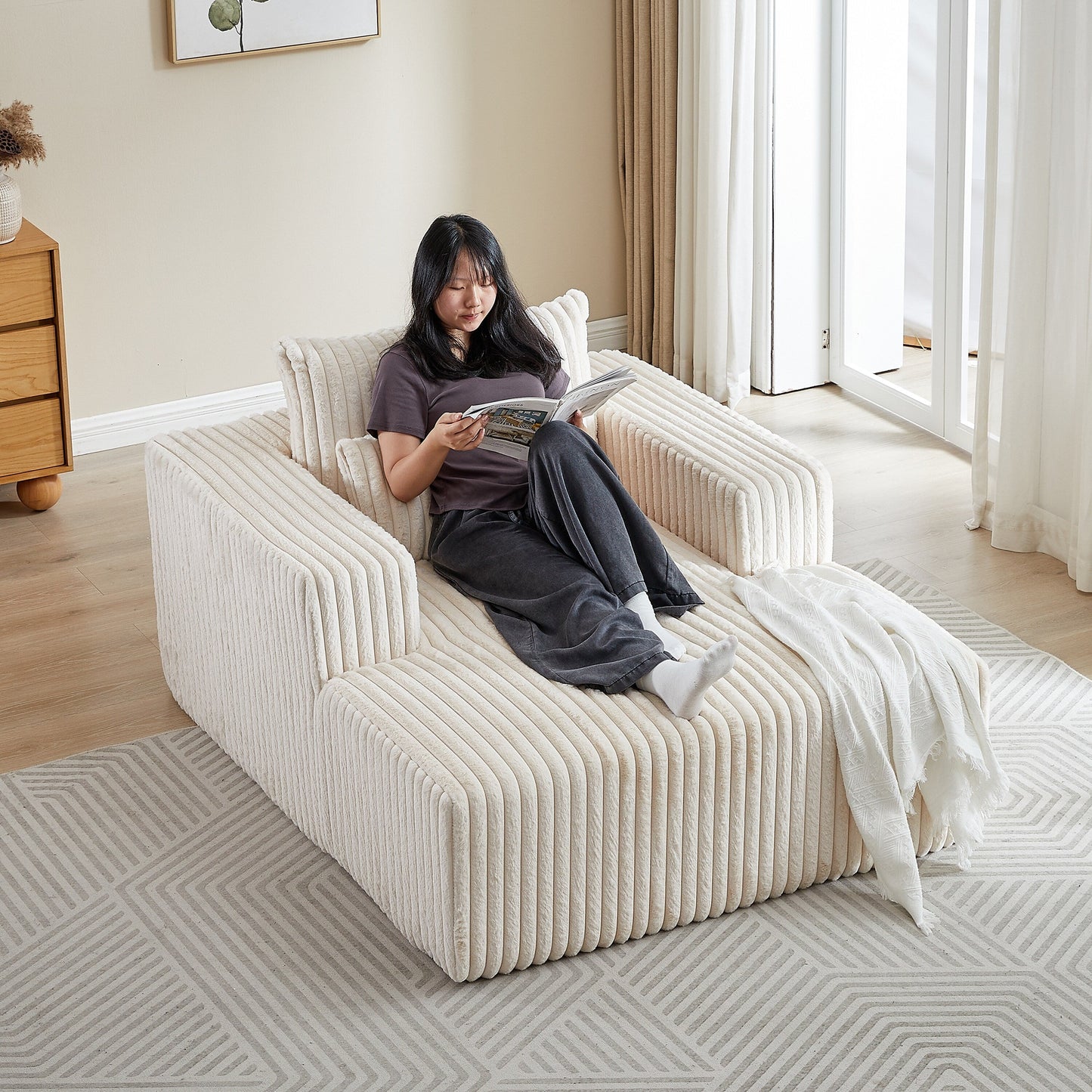 Beige Corduroy Sofa Lounge Chair with 2 Pillows