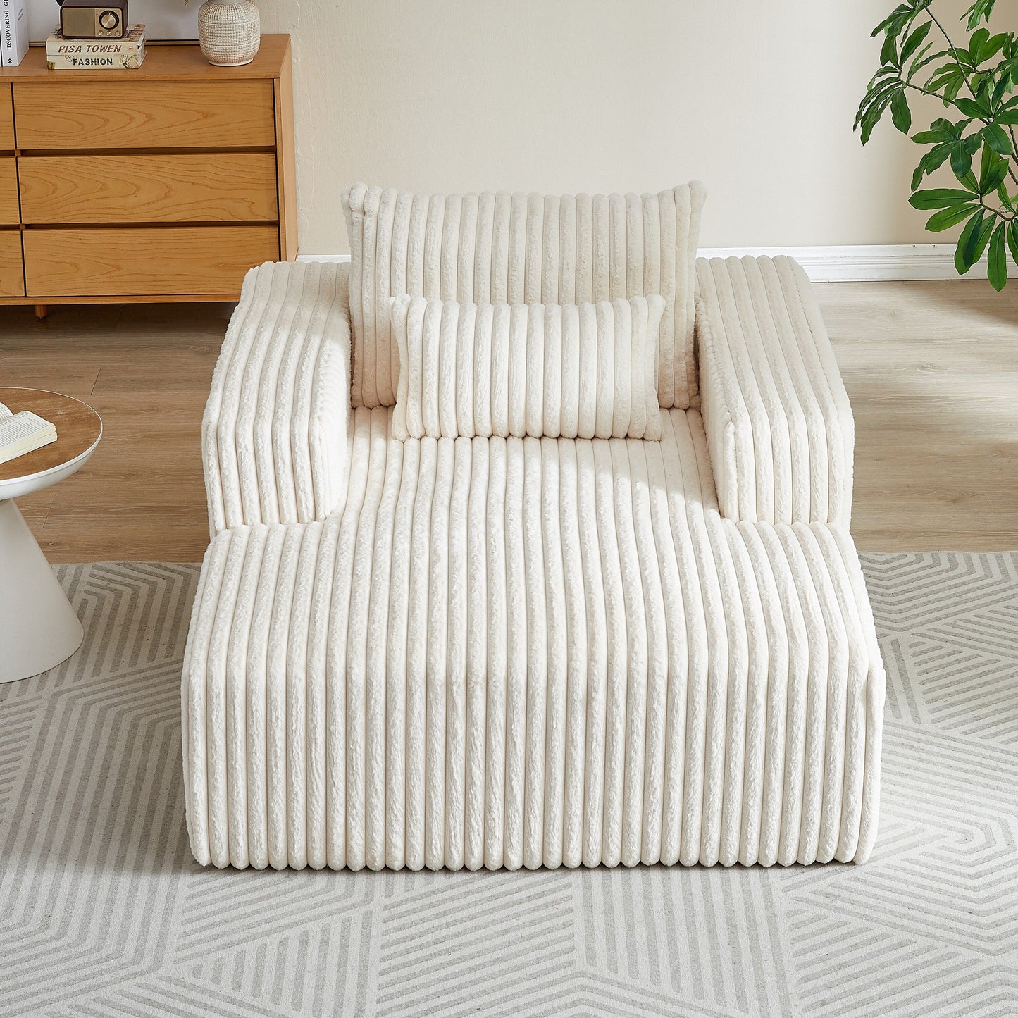 Beige Corduroy Sofa Lounge Chair with 2 Pillows