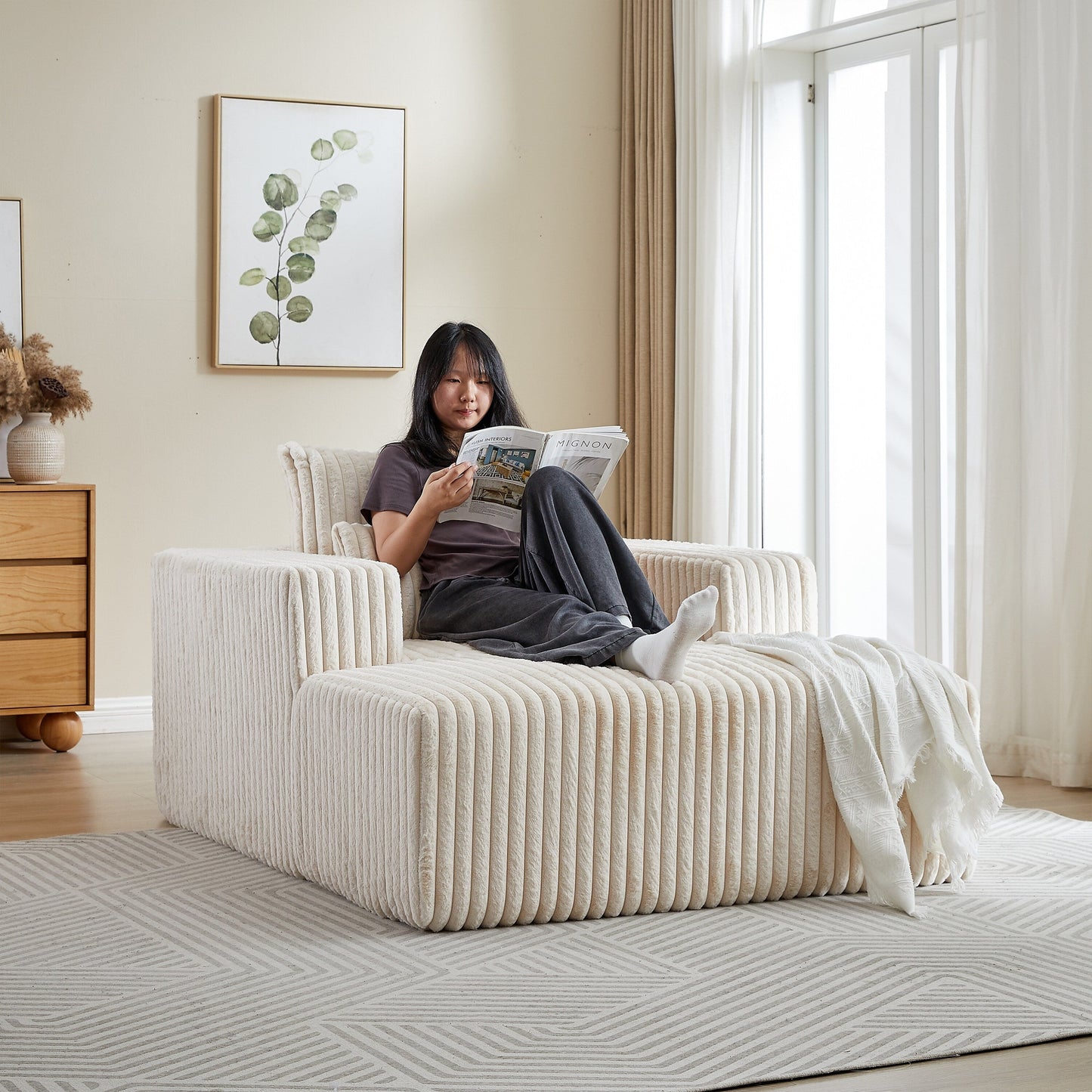 Beige Corduroy Sofa Lounge Chair with 2 Pillows