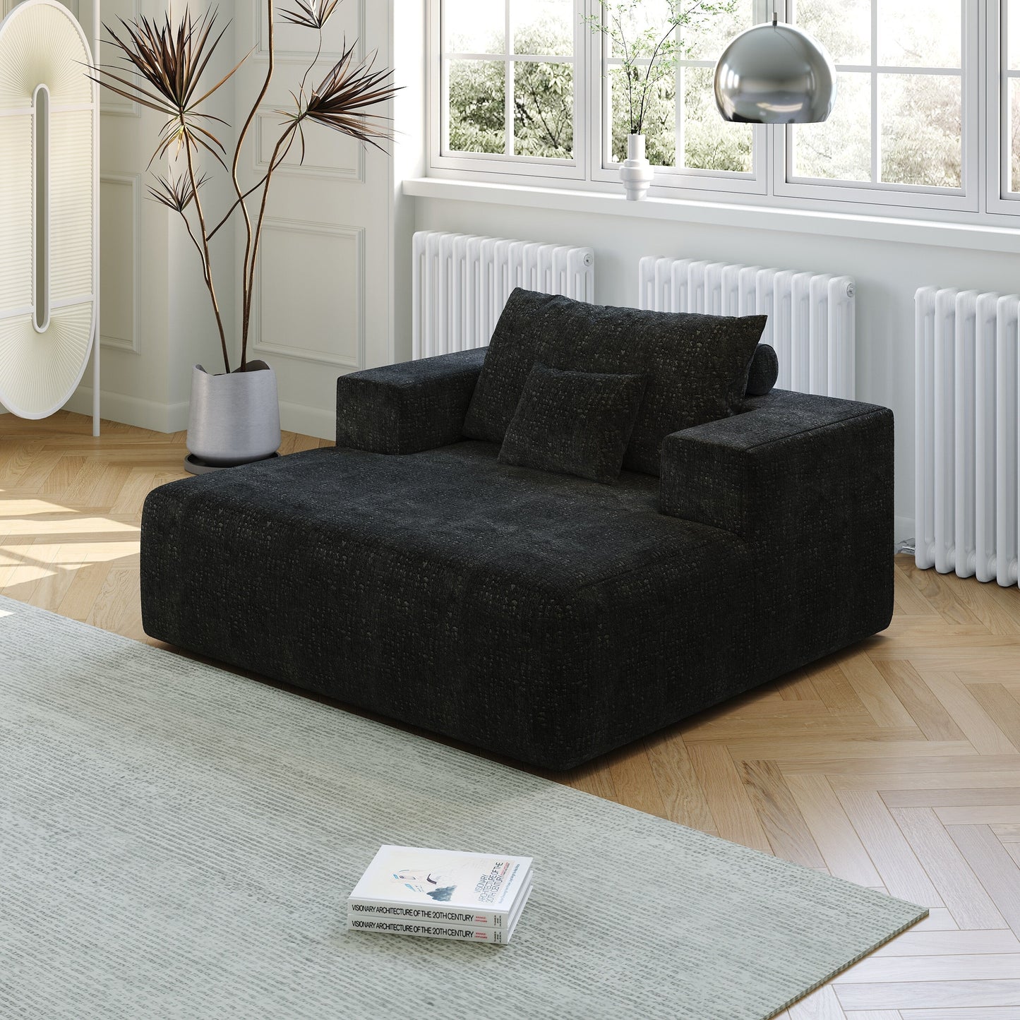 Black Chenille Single Sleeper Chair Sofa with Backrest Pillow