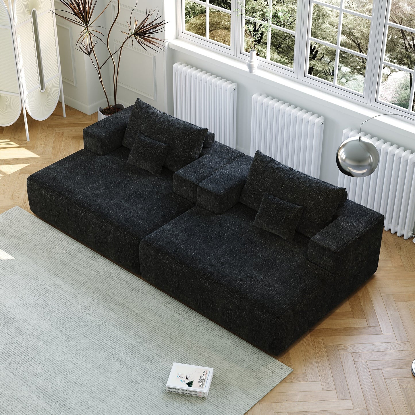 Black Chenille Single Sleeper Chair Sofa with Backrest Pillow