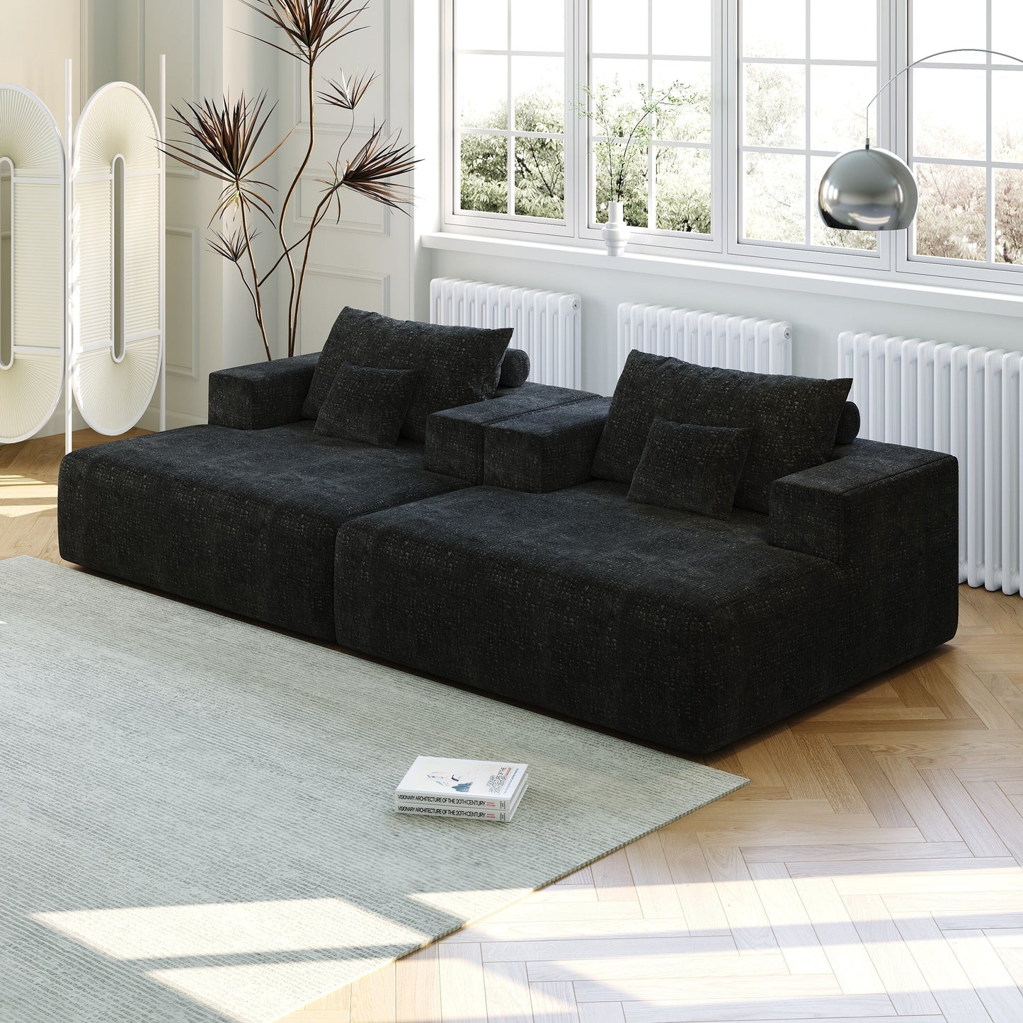 Black Chenille Single Sleeper Chair Sofa with Backrest Pillow