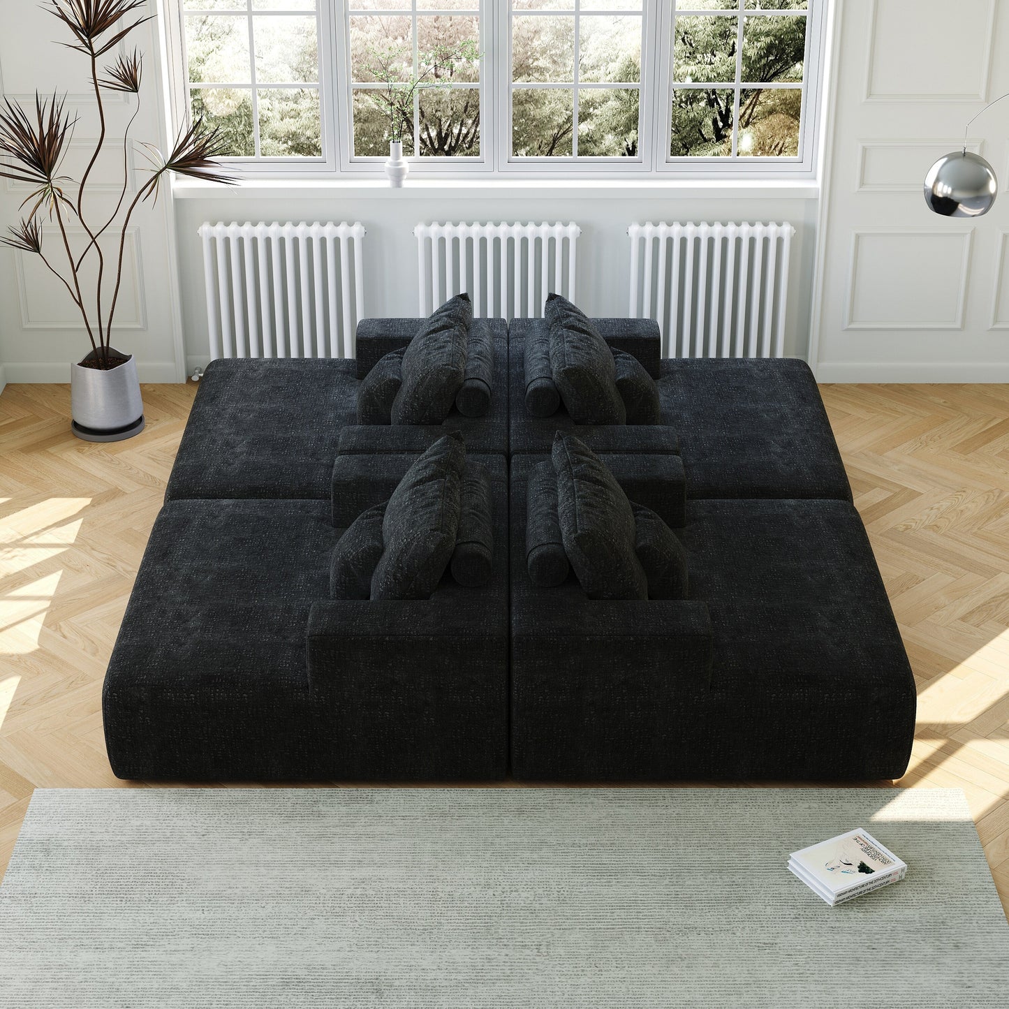 Black Chenille Single Sleeper Chair Sofa with Backrest Pillow
