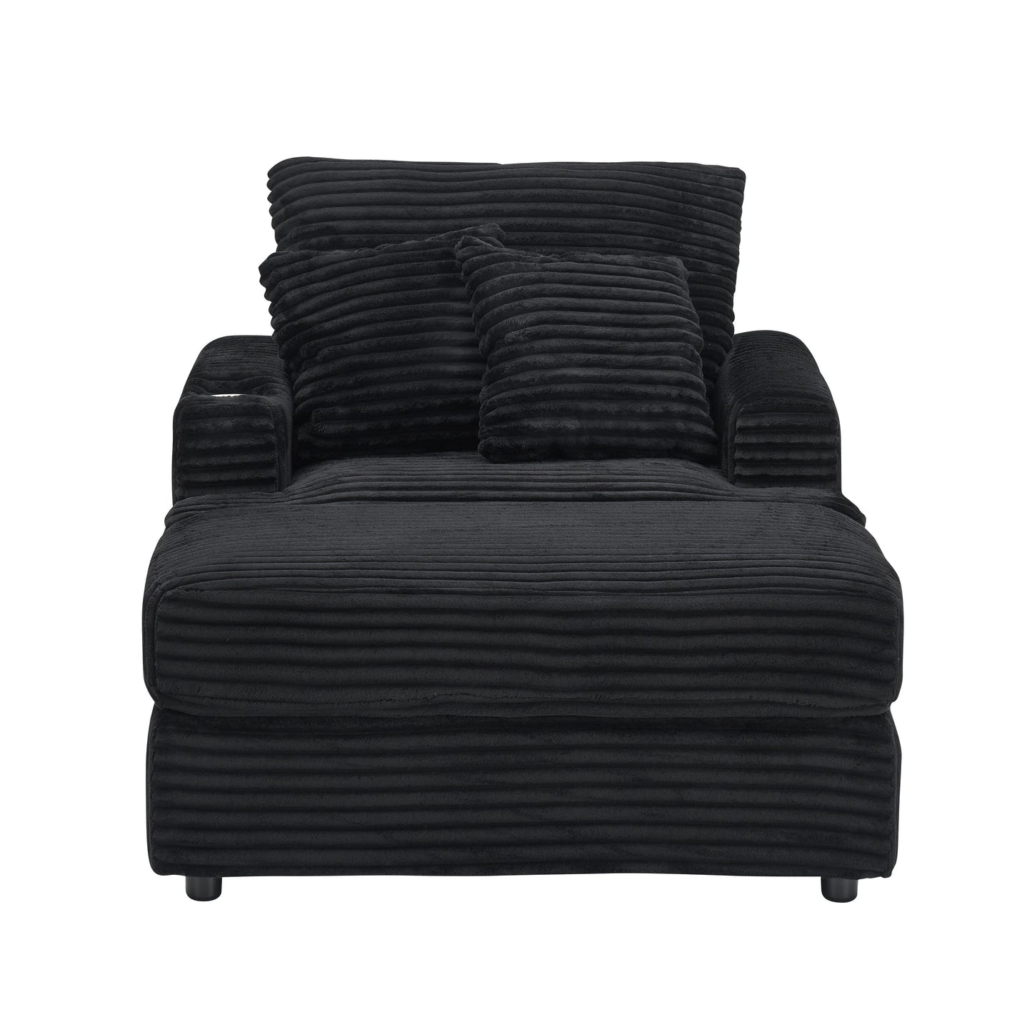 Black Corduroy Armchair Sofa with Ottoman and Cup Holder