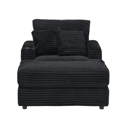 Black Corduroy Armchair Sofa with Ottoman and Cup Holder
