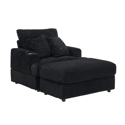 Black Corduroy Armchair Sofa with Ottoman and Cup Holder