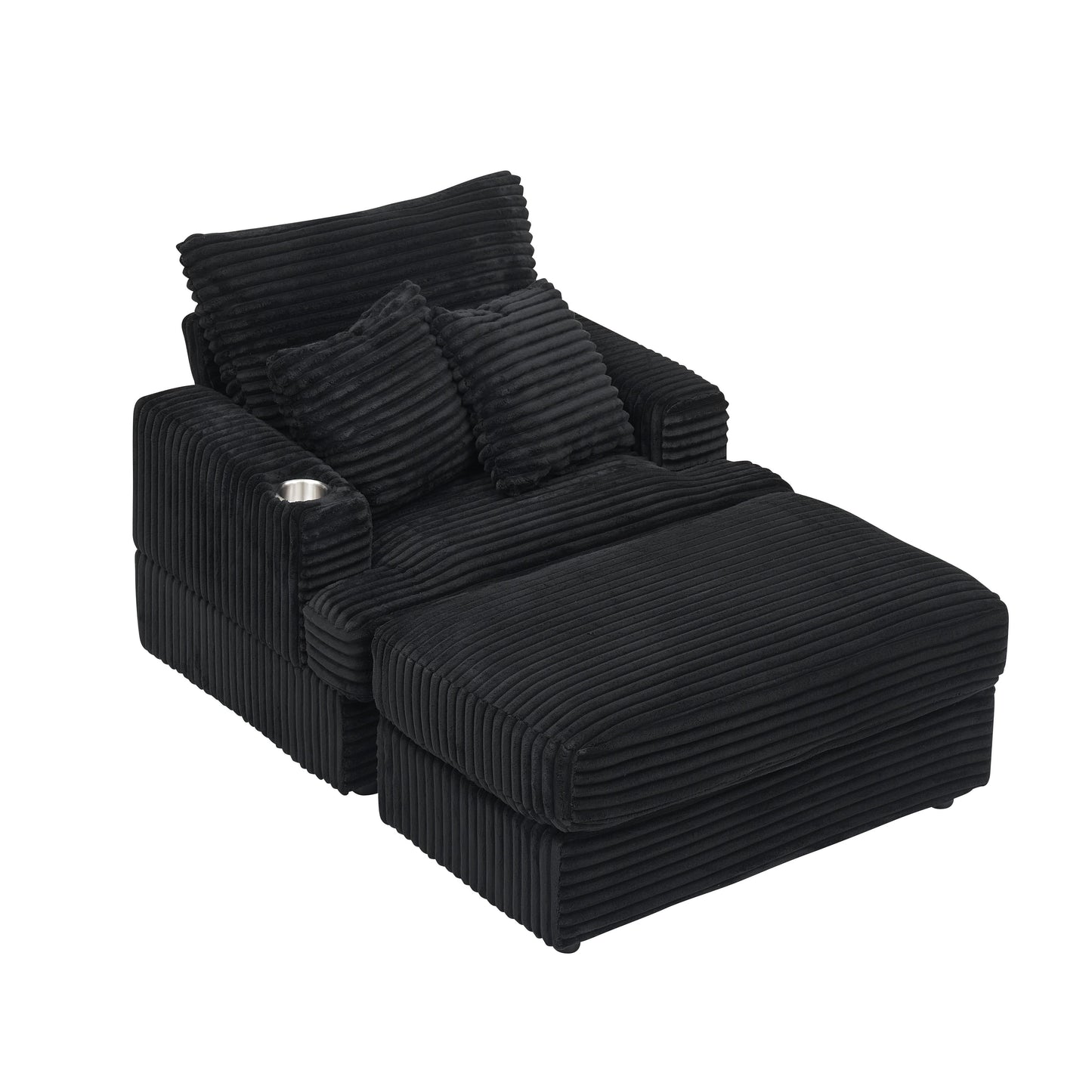Black Corduroy Armchair Sofa with Ottoman and Cup Holder