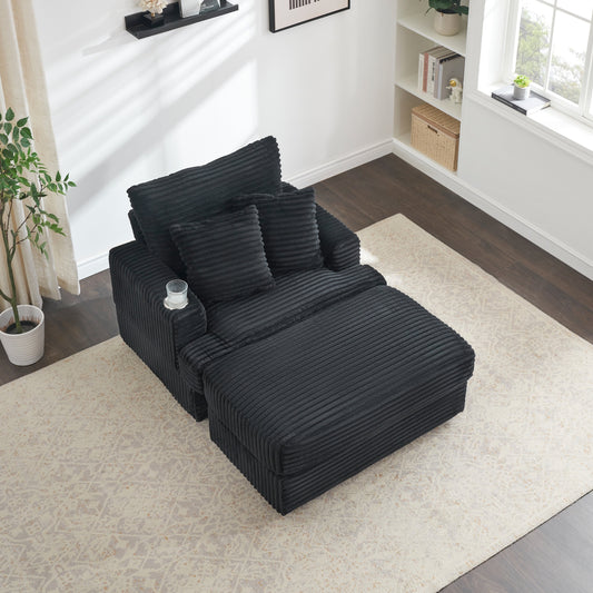 Black Corduroy Armchair Sofa with Ottoman and Cup Holder