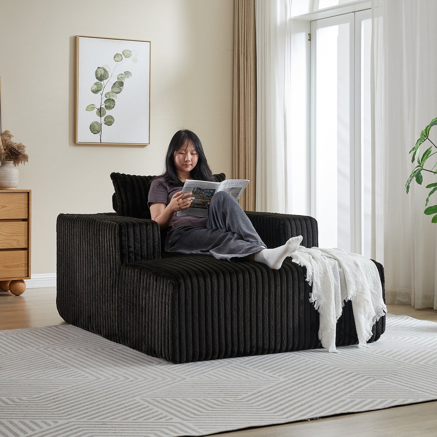 Black Modern 62.5 Corduroy Sponge Sofa Lounge Chair with 2 Pillows for Living Room