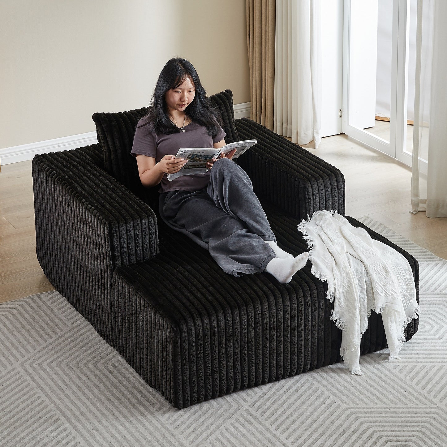 Black Modern 62.5 Corduroy Sponge Sofa Lounge Chair with 2 Pillows for Living Room