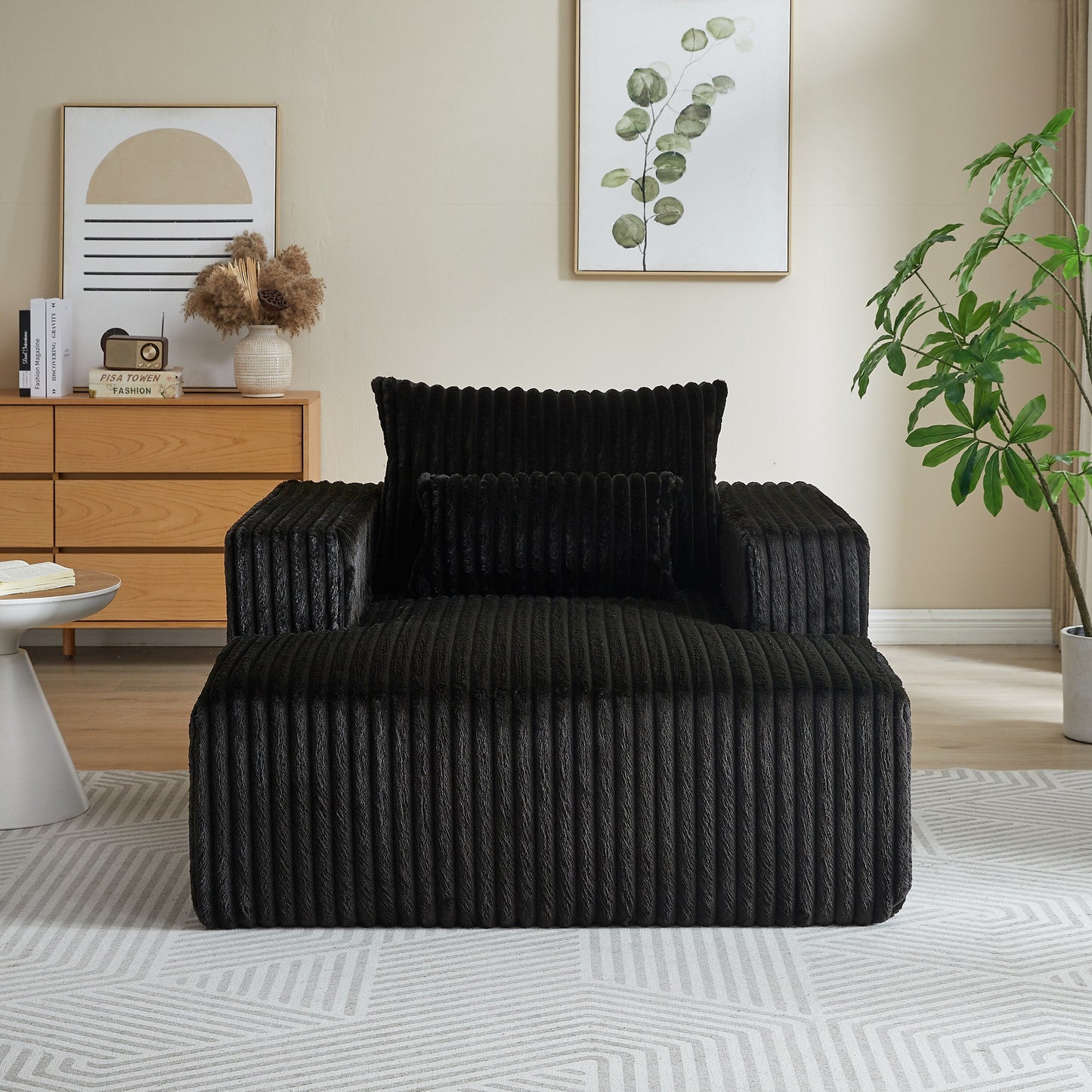 Black Modern 62.5 Corduroy Sponge Sofa Lounge Chair with 2 Pillows for Living Room