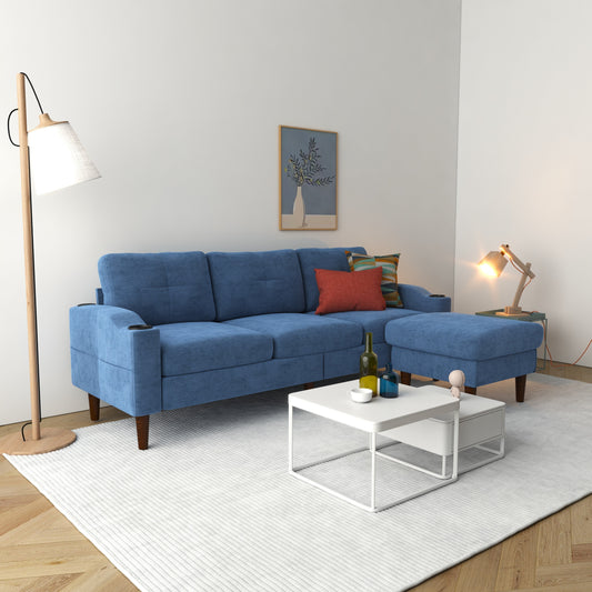 Blue 78'' Fabric L-Shaped 3 Seater Convertible Sofa with Storage Cabinet, USB Port, and Cup Holder for Living Room, Bedroom