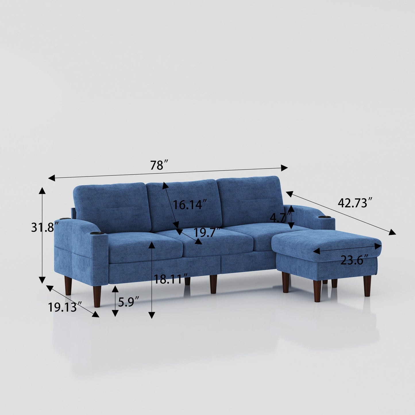 Blue 78'' L-Shaped Fabric 3-Seater Convertible Sofa with Storage Cabinet, USB Ports, and Cup Holder