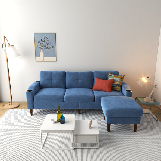 Blue 78'' L-Shaped Fabric 3-Seater Convertible Sofa with Storage Cabinet, USB Ports, and Cup Holder