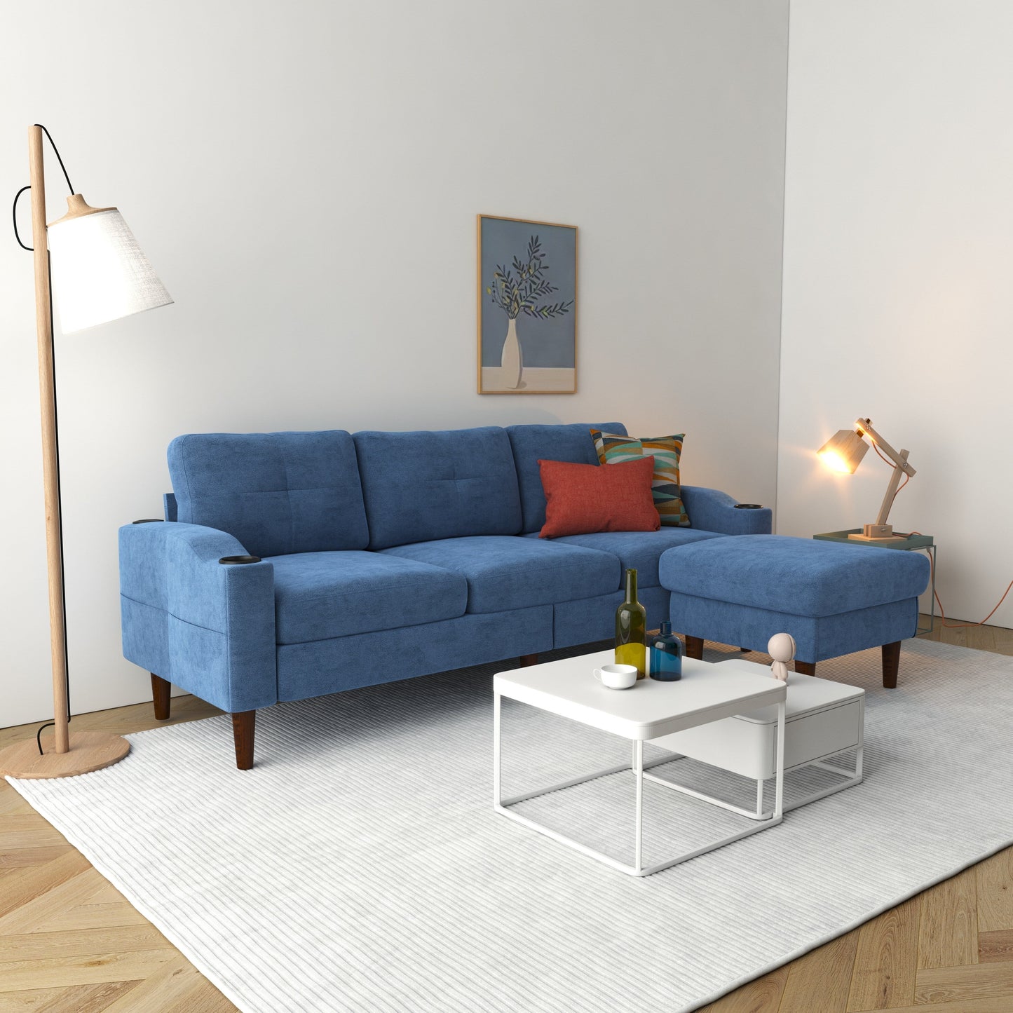 Blue 78'' L-Shaped Fabric 3-Seater Convertible Sofa with Storage Cabinet, USB Ports, and Cup Holder