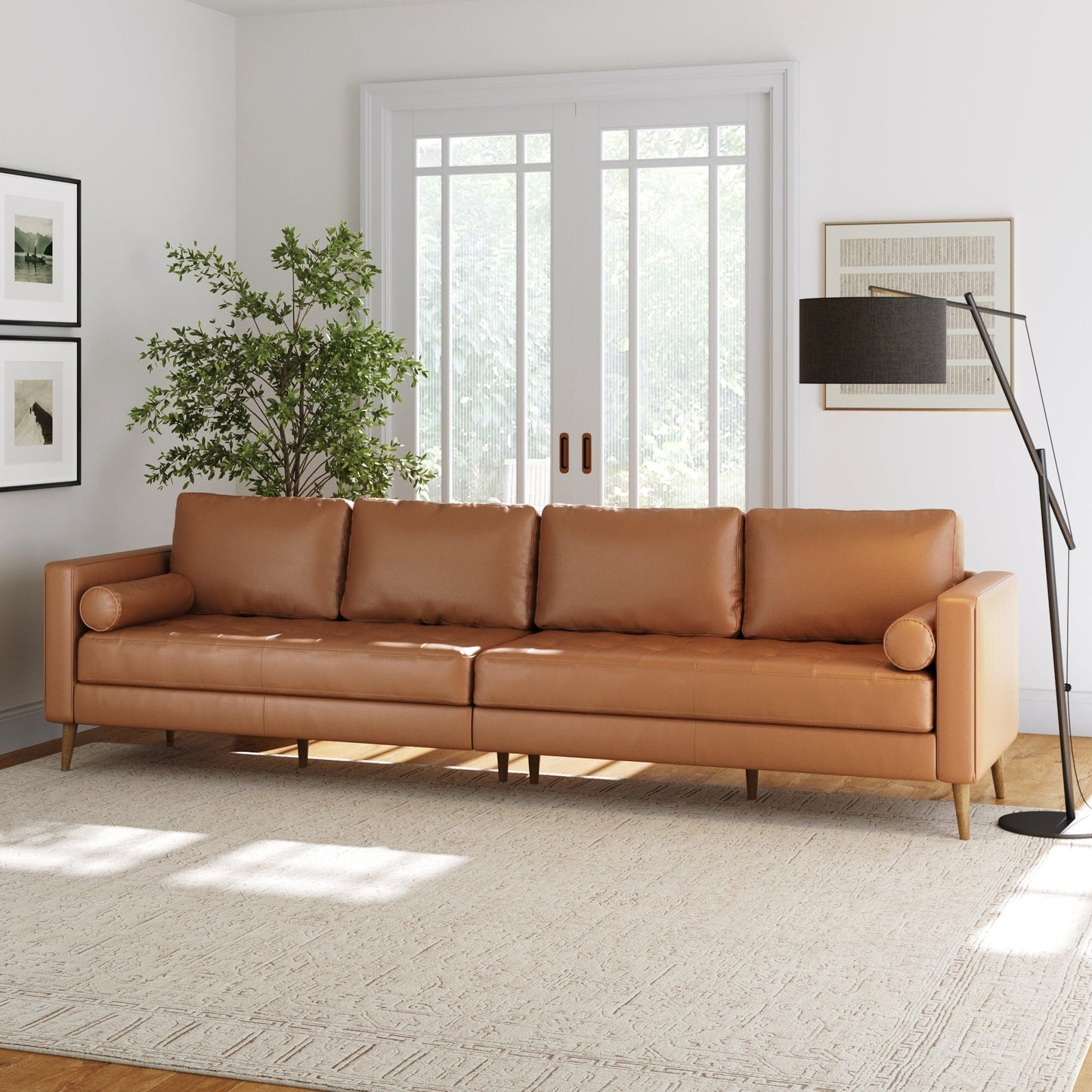 Breeze Mid Century Modern Sofa, Leather Couch with Tufted Cushion and Solid Wood Frame