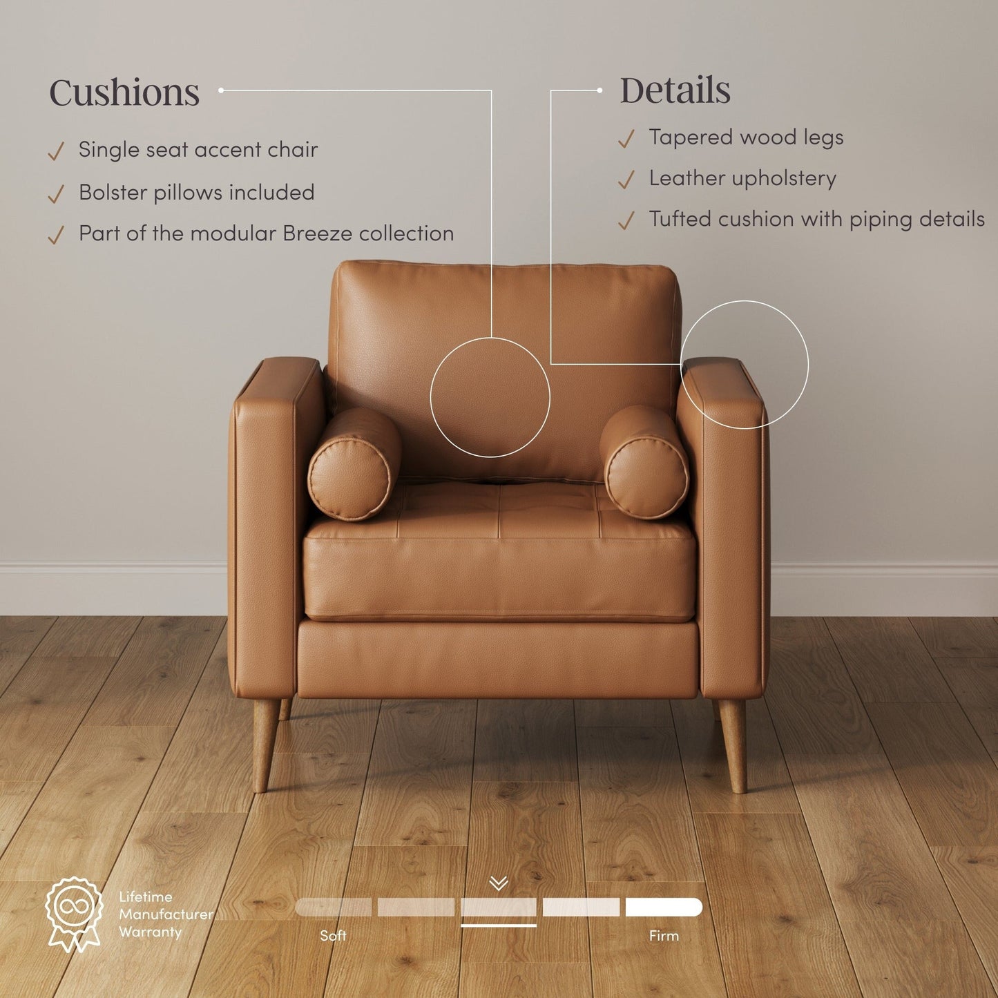 Breeze Mid Century Modern Sofa, Leather Couch with Tufted Cushion and Solid Wood Frame