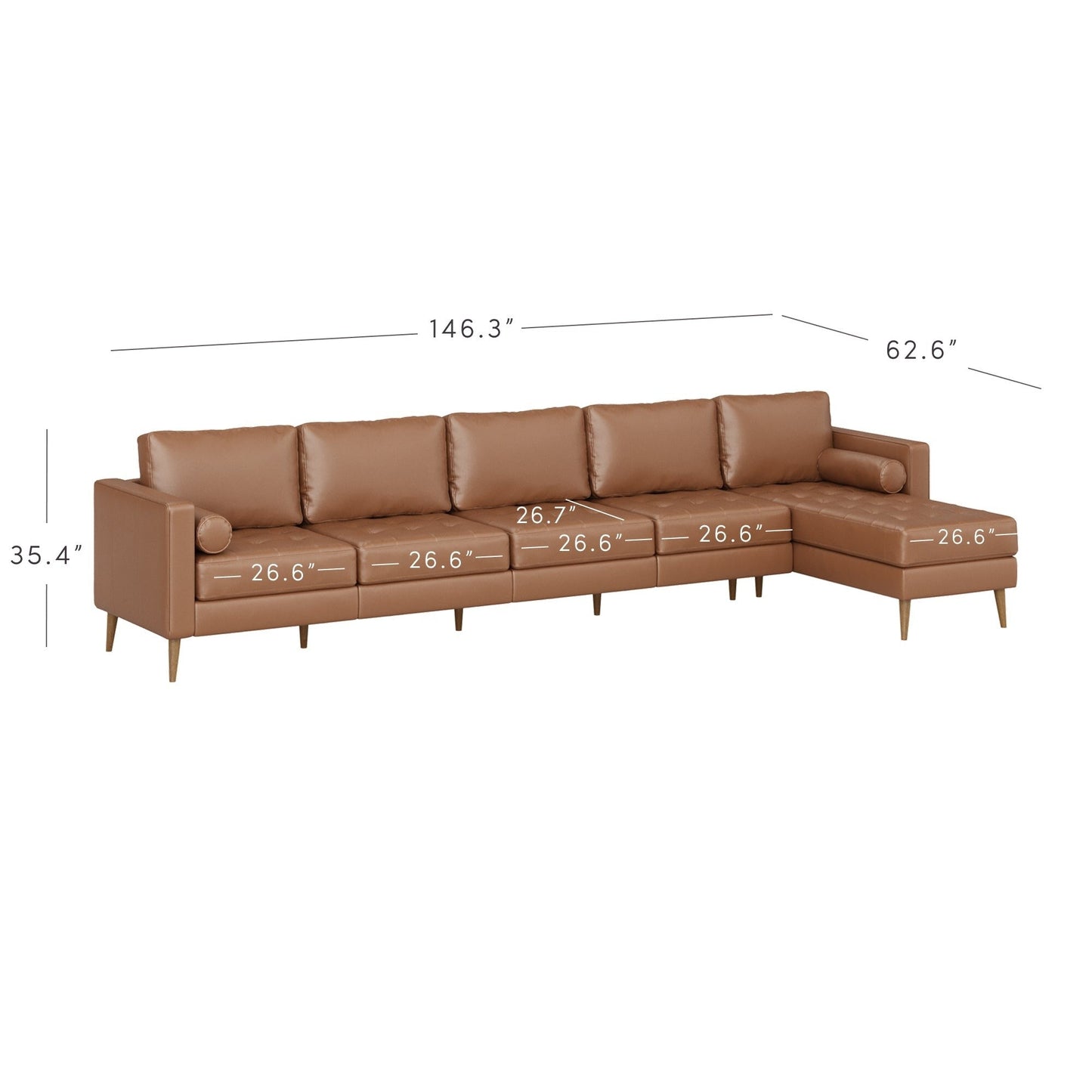 Breeze Mid Century Modern Sofa, Leather Couch with Tufted Cushion and Solid Wood Frame