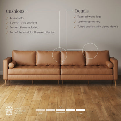 Breeze Mid Century Modern Sofa, Leather Couch with Tufted Cushion and Solid Wood Frame