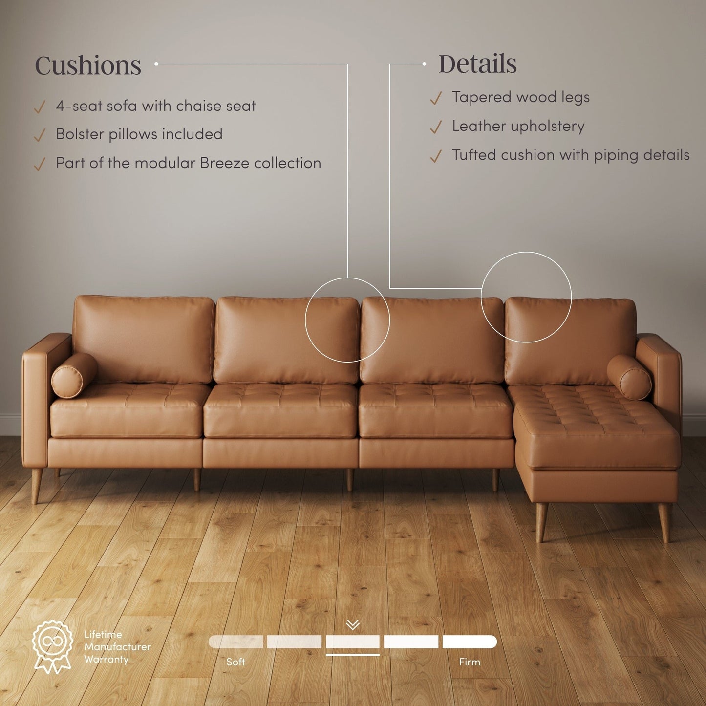Breeze Mid Century Modern Sofa, Leather Couch with Tufted Cushion and Solid Wood Frame