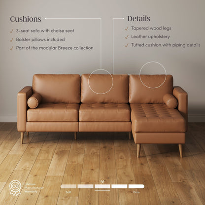 Breeze Mid Century Modern Sofa, Leather Couch with Tufted Cushion and Solid Wood Frame