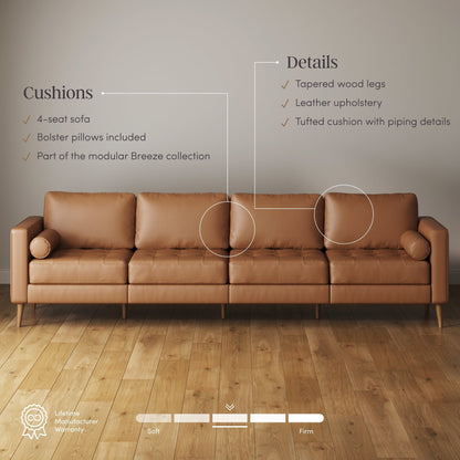Breeze Mid Century Modern Sofa, Leather Couch with Tufted Cushion and Solid Wood Frame