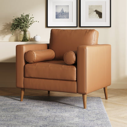 Breeze Mid Century Modern Sofa, Leather Couch with Tufted Cushion and Solid Wood Frame