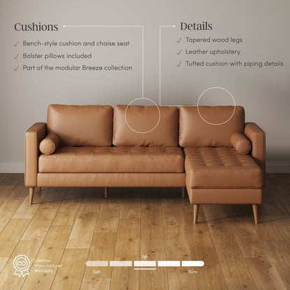 Breeze Mid Century Modern Sofa, Leather Couch with Tufted Cushion and Solid Wood Frame