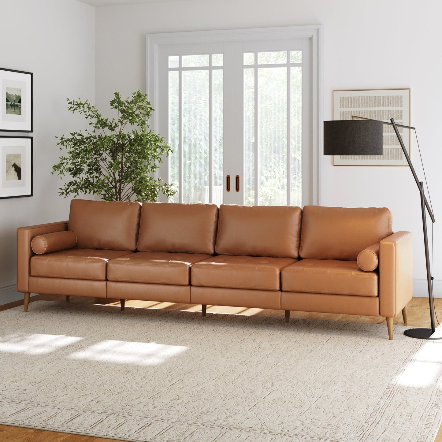 Breeze Mid Century Modern Sofa, Leather Couch with Tufted Cushion and Solid Wood Frame