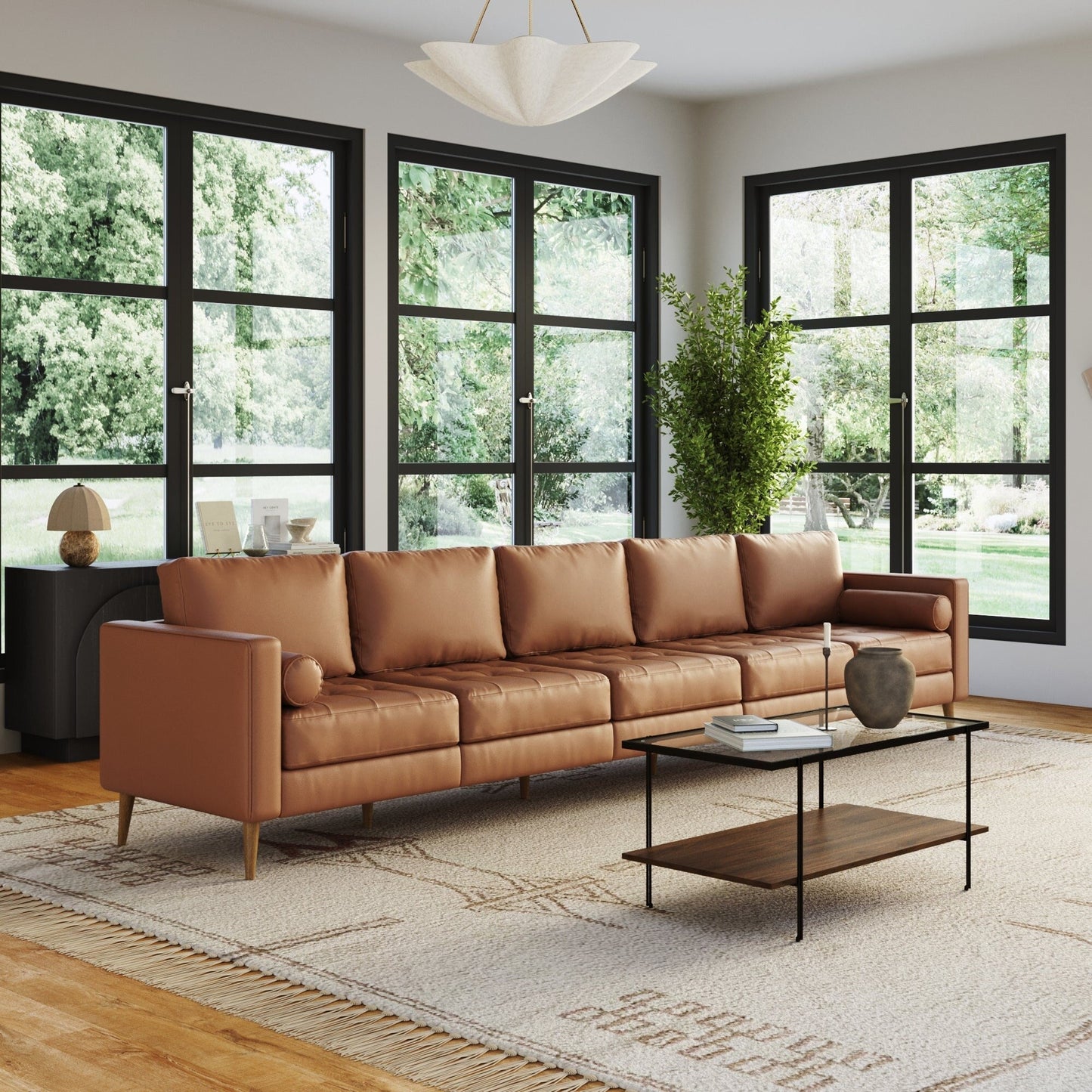 Breeze Mid Century Modern Sofa, Leather Couch with Tufted Cushion and Solid Wood Frame