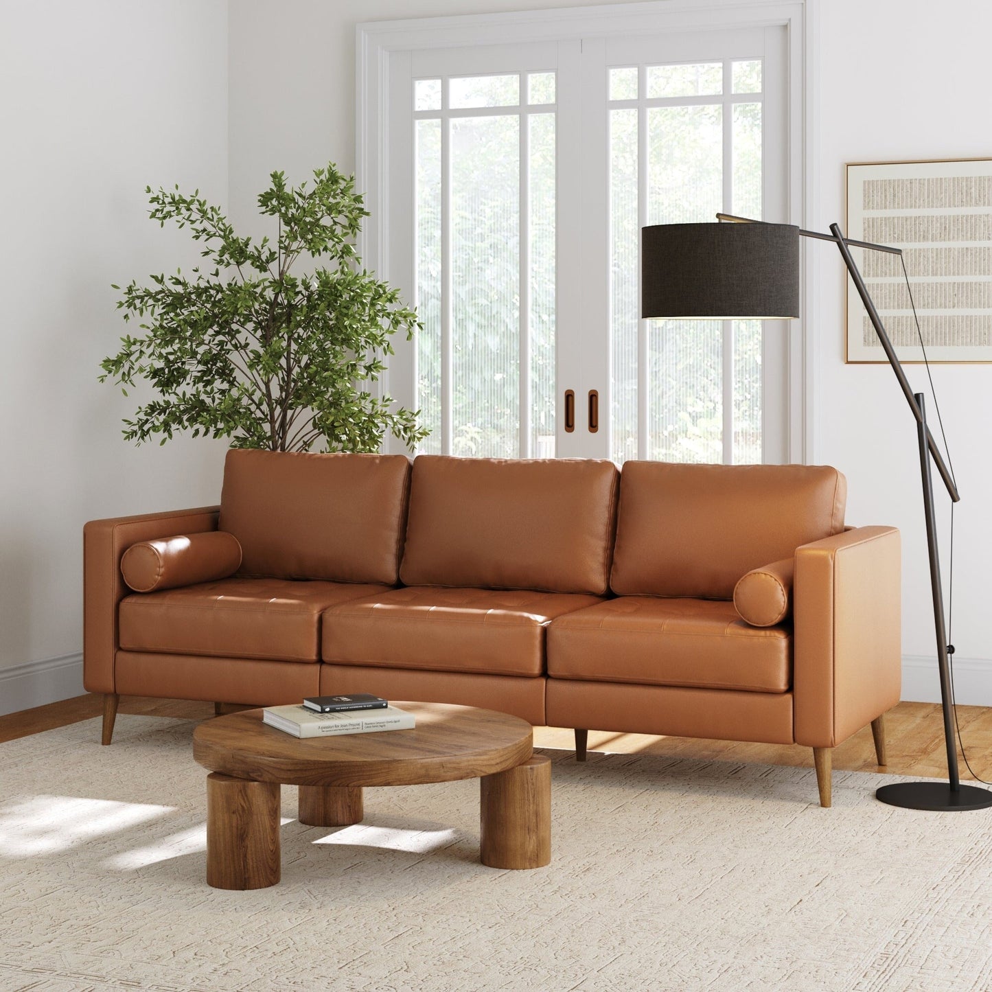 Breeze Mid Century Modern Sofa, Leather Couch with Tufted Cushion and Solid Wood Frame