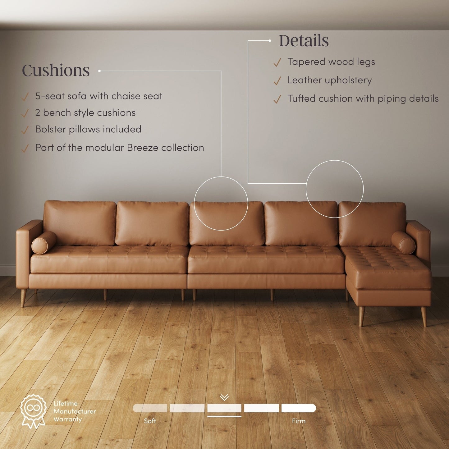 Breeze Mid Century Modern Sofa, Leather Couch with Tufted Cushion and Solid Wood Frame