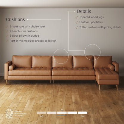 Breeze Mid Century Modern Sofa, Leather Couch with Tufted Cushion and Solid Wood Frame